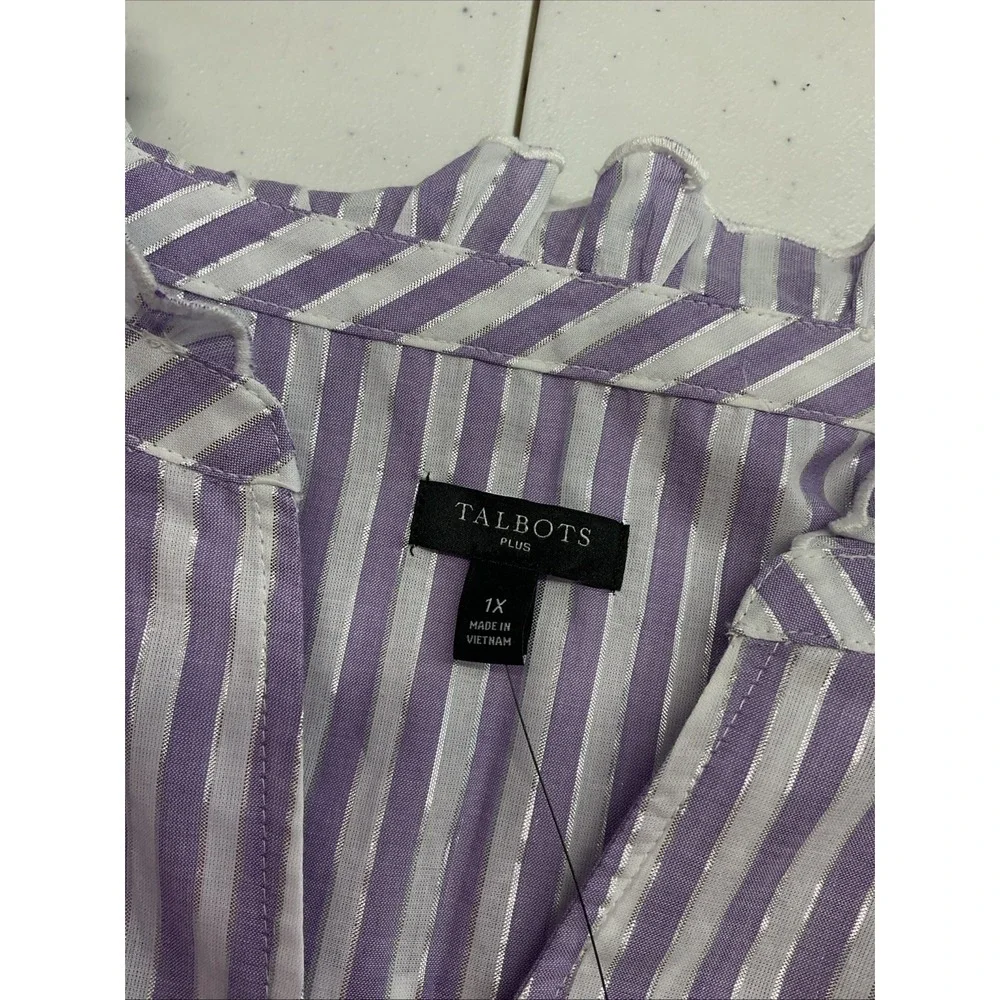 Talbots Lavender-White Striped Ruffle Neck Button-Front Blouse - Picture 4 of 7